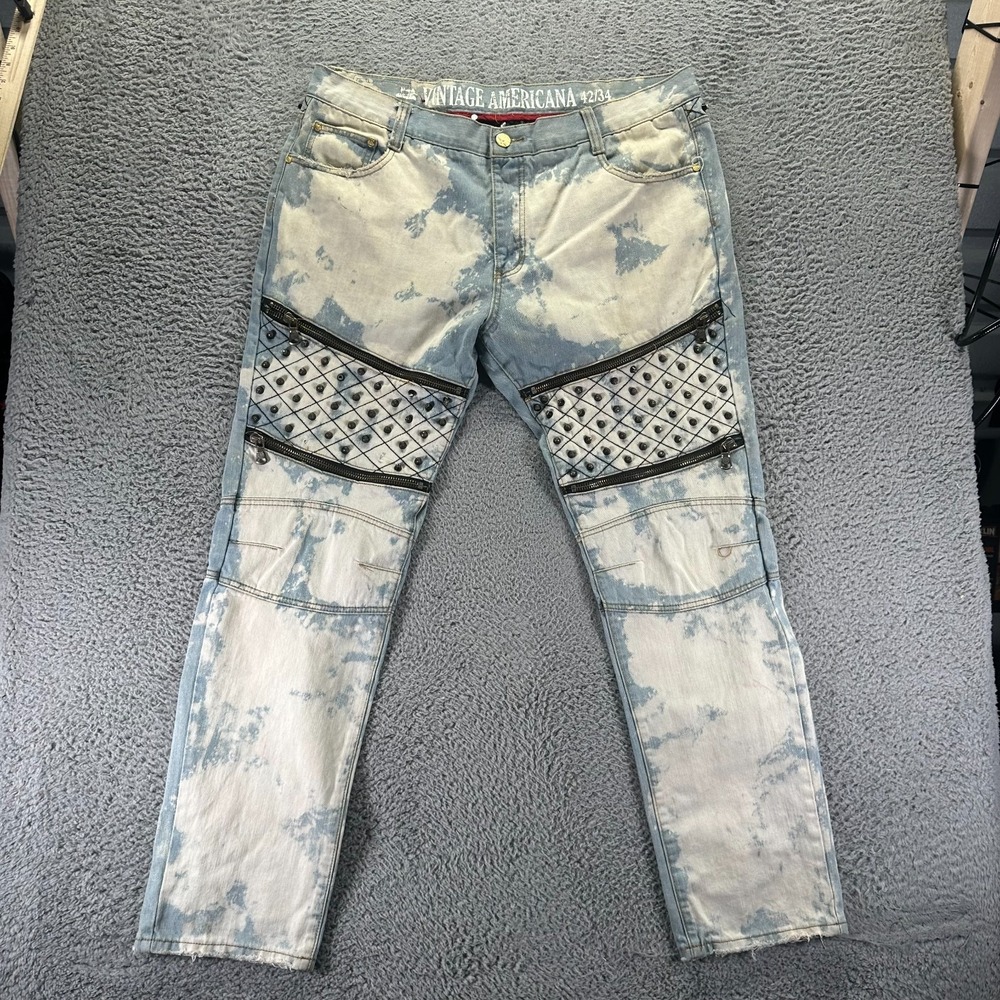 Vintage Americana Jeans Mens 42x34 Blue Cotton Denim Straight Leg Biker Studded